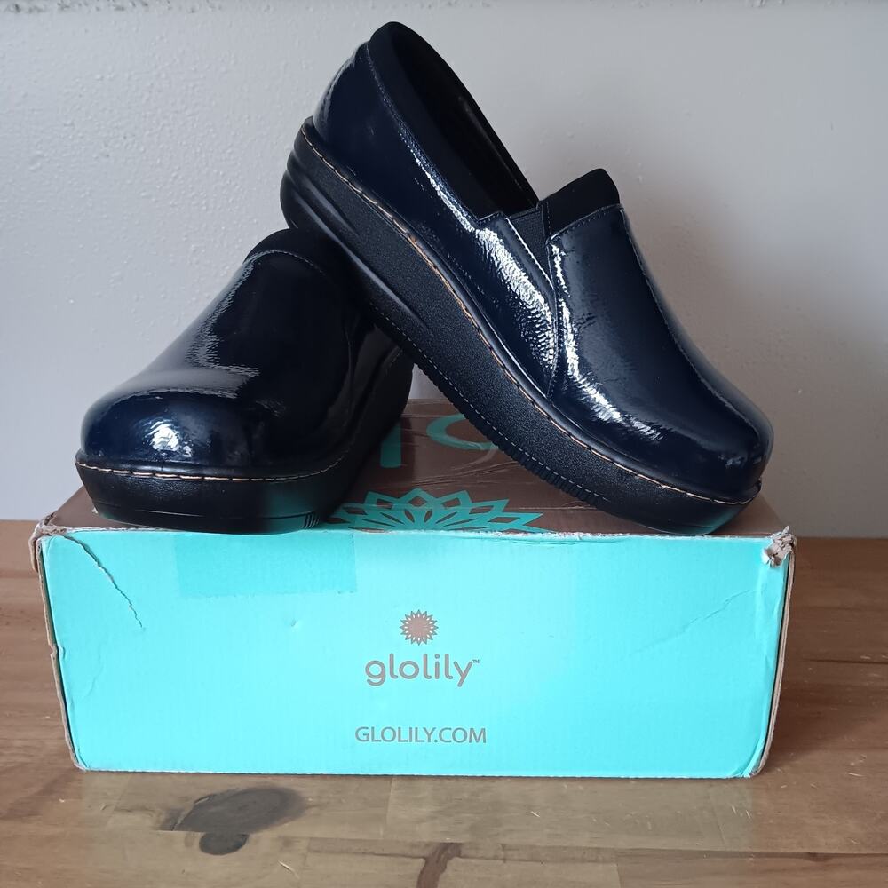 Glolily Jenny ll Clogs Women's‎ Size 8.5 M Navy Crinkle Shine Slip On Nursing